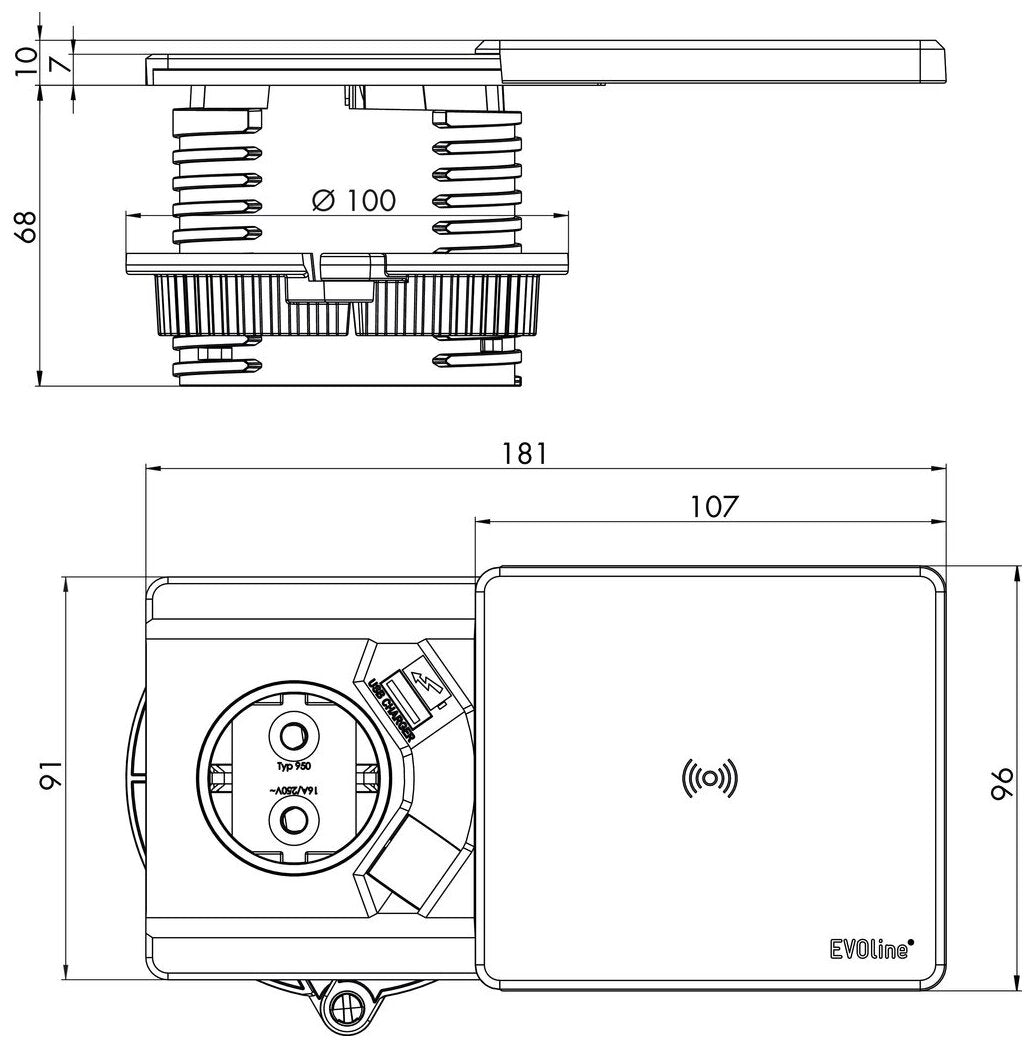 Evoline® Square USB C Qi
