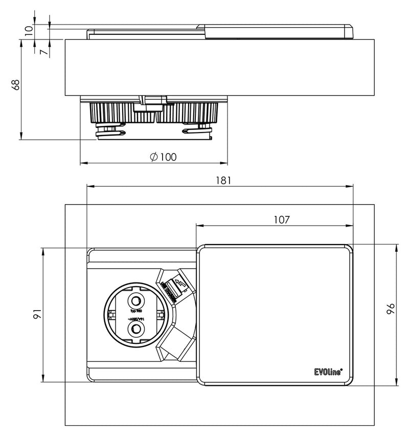 Zeichnung zu Evoline® Square USB A als Variante mit Schweizer Steckdose von Naber GmbH in der Kategorie Steckdosen in Österreich auf conceptshop.at