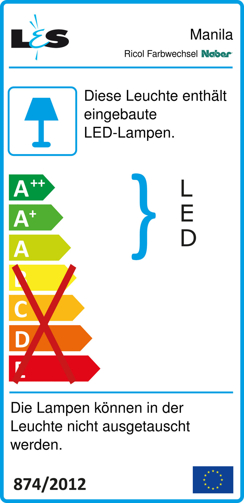 E-Label zu Zeichnung zu Ricol Farbwechsel LED als Variante Einzelleuchte ohne Schalter, L 2600 mm, edelstahlfarbig von Naber GmbH in der Kategorie Lichttechnik in Österreich auf conceptshop.at