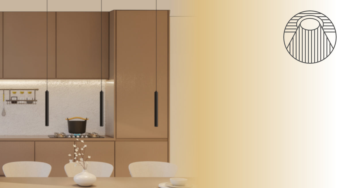 Naber LUMICA Easytrack 48V Niedervolt Stromschiene in mattschwarz mit Spots und Pendelleuchten über Kochinsel