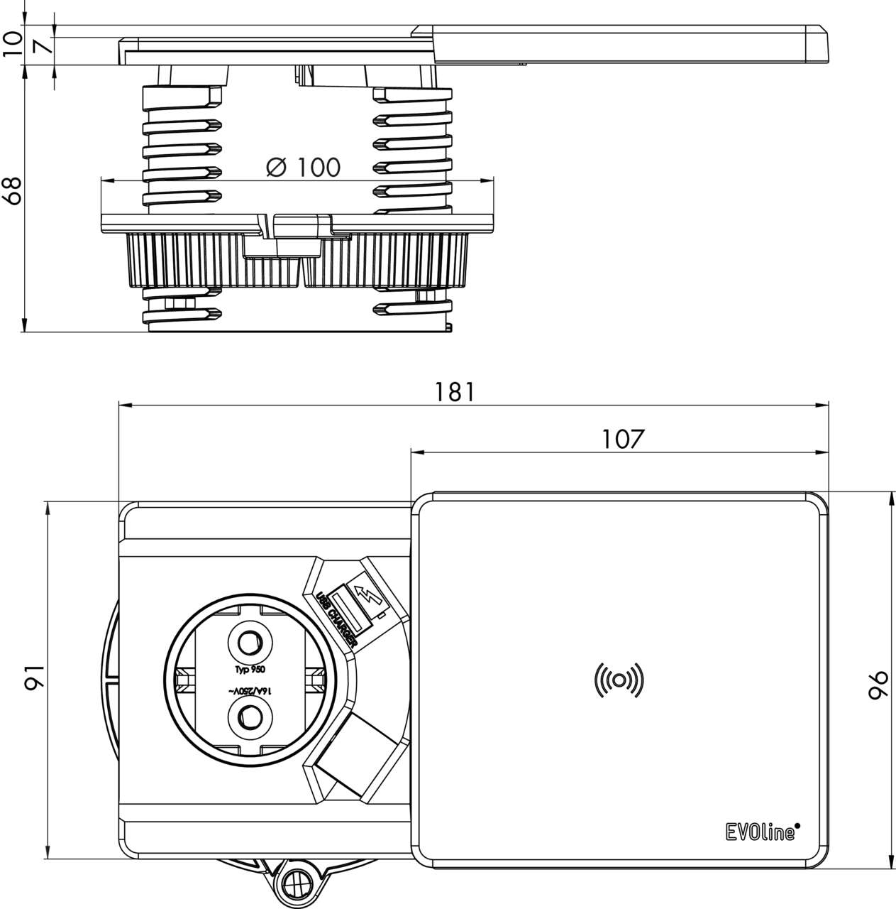 Evoline® Square USB A Qi