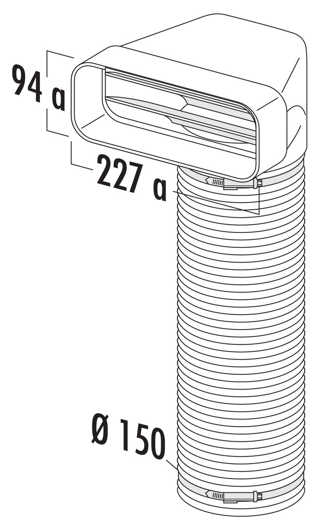 Zeichnung zu F-URX 150 Umlenkstück 90° mit Flexkanal als Variante L 500 mm, weiß von Naber GmbH in der Kategorie Lüftungstechnik in Österreich auf conceptshop.at