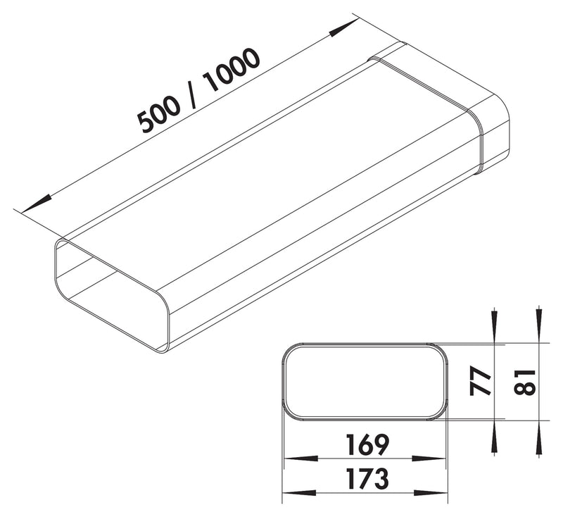 Zeichnung zu MF-VRM 125 Flachkanalrohr als Variante L 1000 mm, weiß von Naber GmbH in der Kategorie Lüftungstechnik in Österreich auf conceptshop.at