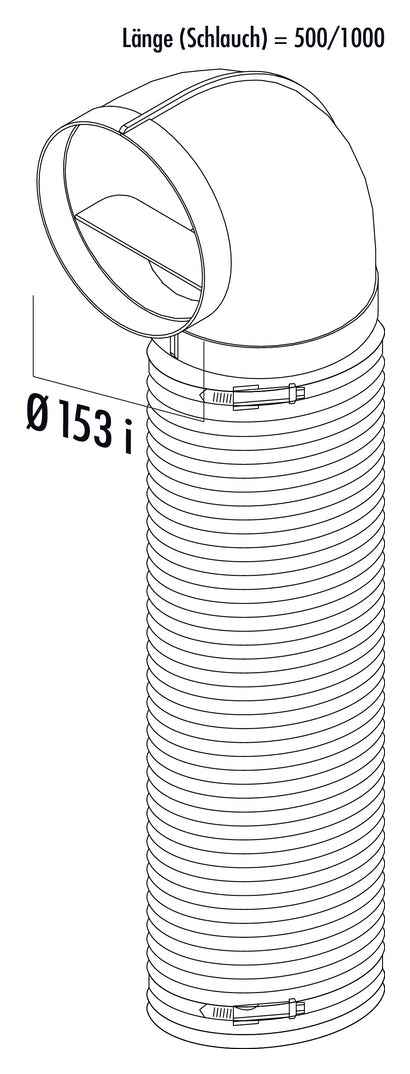 Zeichnung zu R-URX flow 150 Umlenkstück 90° mit Flexkanal als Variante L 1000 mm, weiß von Naber GmbH in der Kategorie Lüftungstechnik in Österreich auf conceptshop.at