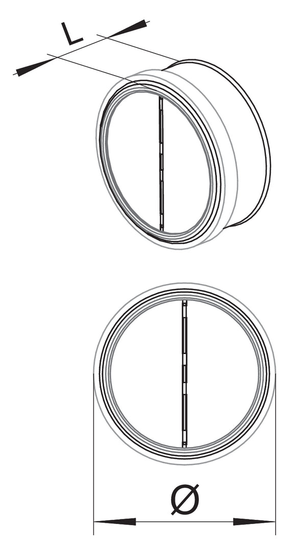 Zeichnung zu Rückstauklappe rund als Variante Ø 100 mm, L 43 mm von Naber GmbH in der Kategorie Lüftungstechnik in Österreich auf conceptshop.at