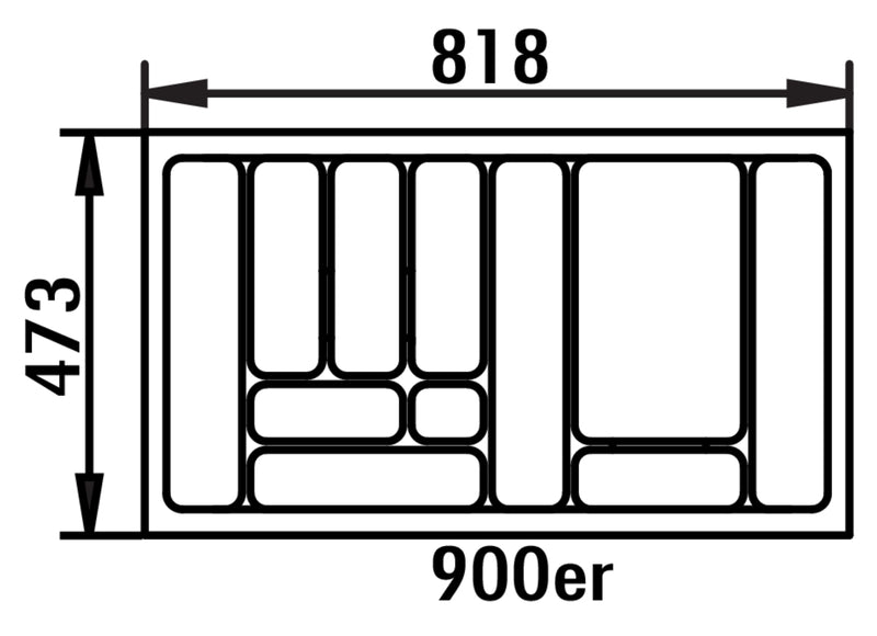 Zeichnung zu Besteckeinsatz 4 als Variante für 900er Schrank, B 818, T 473 mm von Naber GmbH in der Kategorie Schrankausstattung in Österreich auf conceptshop.at