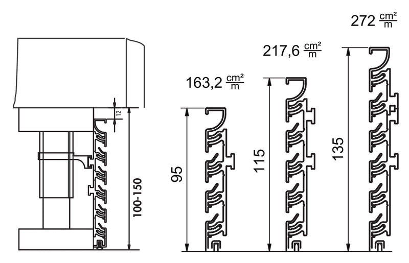 Zeichnung zu Presa Lüftungsgitter als Variante H 130 mm, Lüftungsquerschnitt ca. 217,6 cm²/m, edelstahlfbg. eloxiert von Naber GmbH in der Kategorie Lüftungstechnik in Österreich auf conceptshop.at