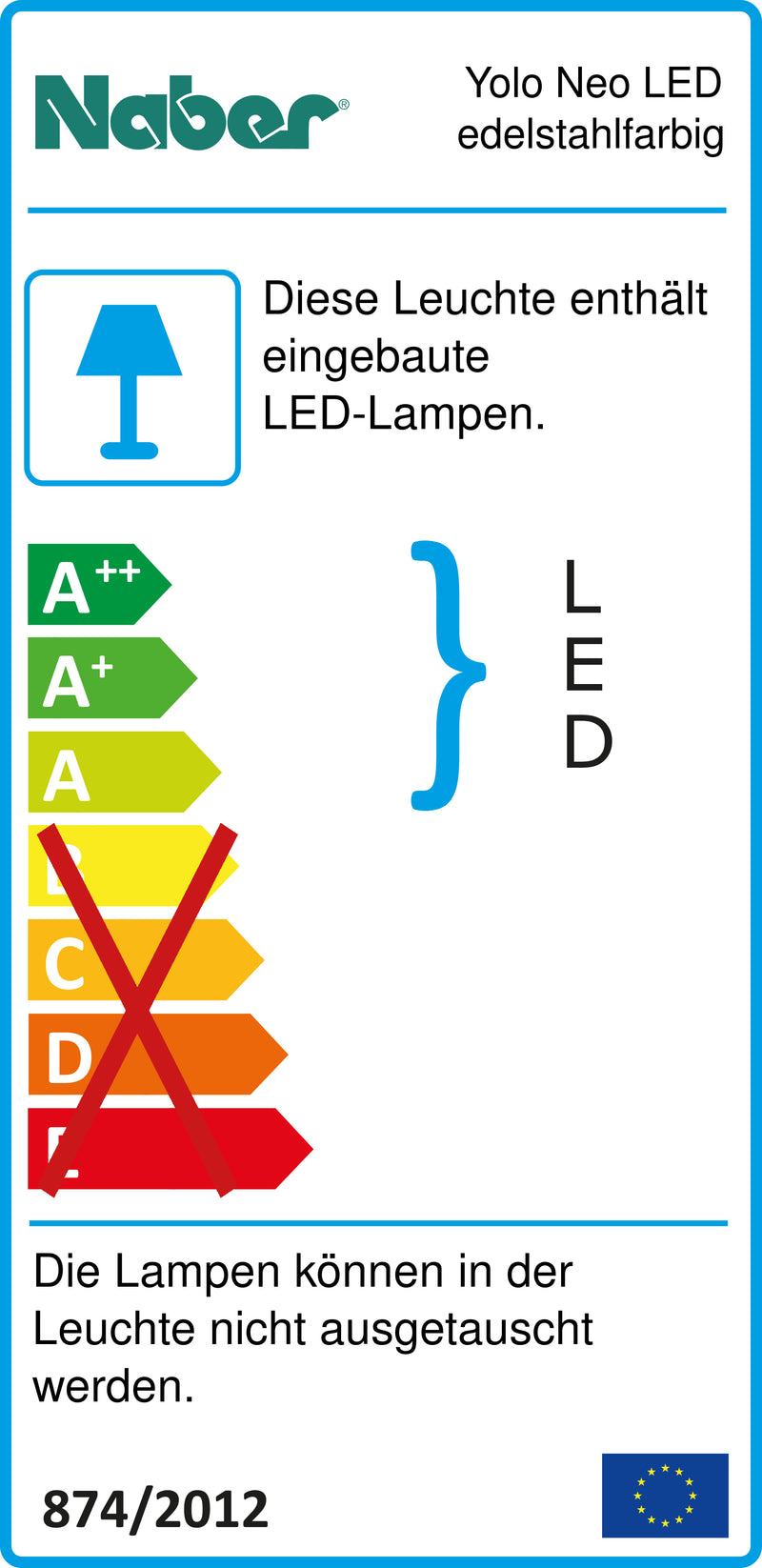 E-Label zu Zeichnung zu Yolo Neo LED edelstahlfarbig als Variante Einzelleuchte o. S., 4000 K neutralweiß von Naber GmbH in der Kategorie Lichttechnik in Österreich auf conceptshop.at