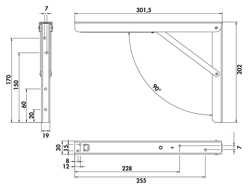 Zeichnung zu Vettore Klappkonsole als Variante 400 x 270 x 36 mm von Naber GmbH in der Kategorie Stützelemente in Österreich auf conceptshop.at